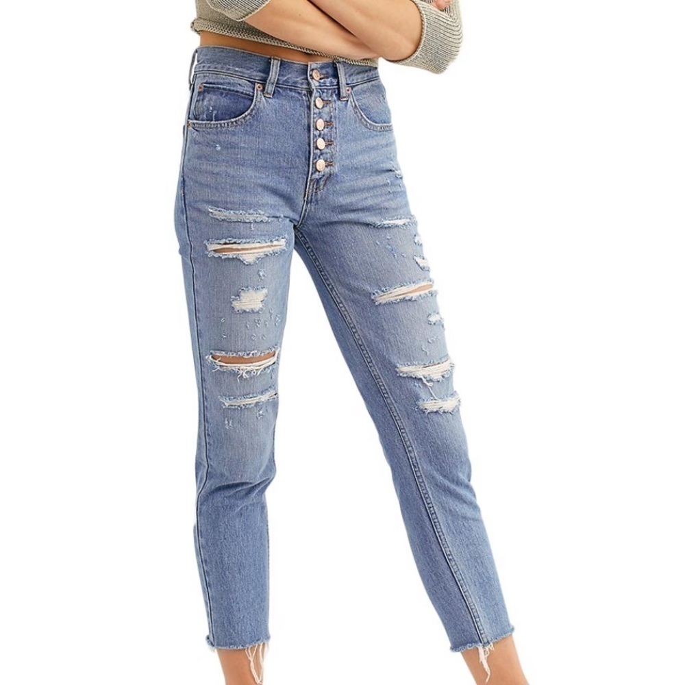 Free People We The‎ Free Blossom Distressed Rigid Skinny Jeans in Blue Size 28